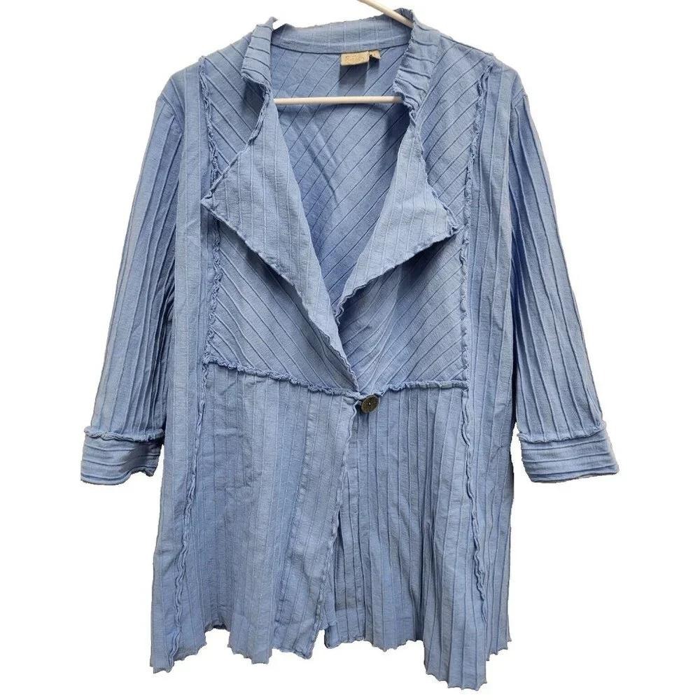 Focus Lagenlook Art To Wear Jacket Womens Large Blue Textured One Button Coastal